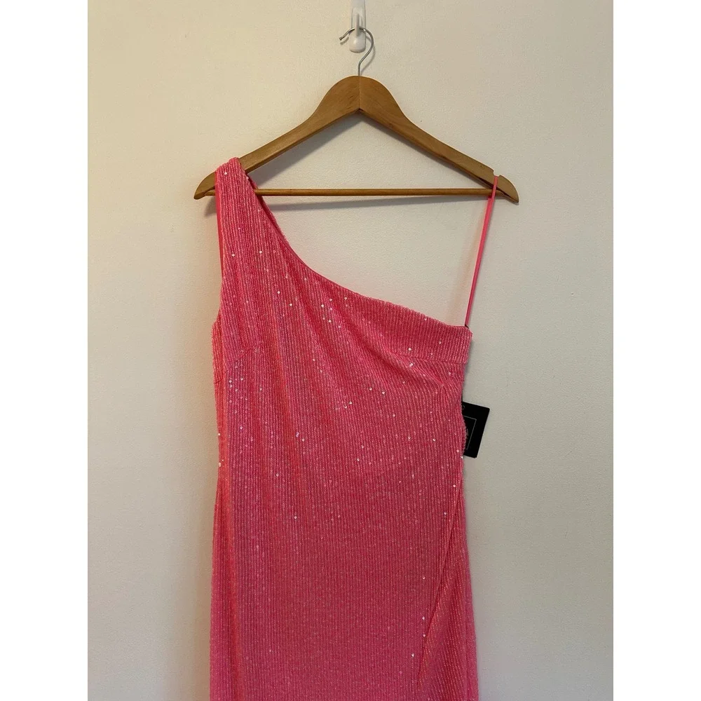 NWT IEENA for Mac Duggal Pink One Shoulder Sequin Gown Slit Cowl Back | Size 8